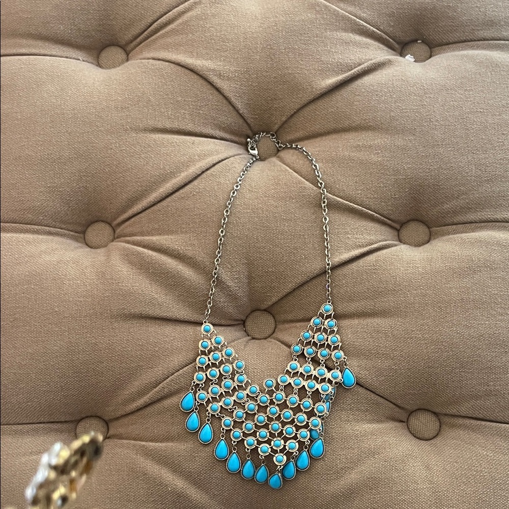 Turquoise Bib Necklace with Silver-Tone Chain
